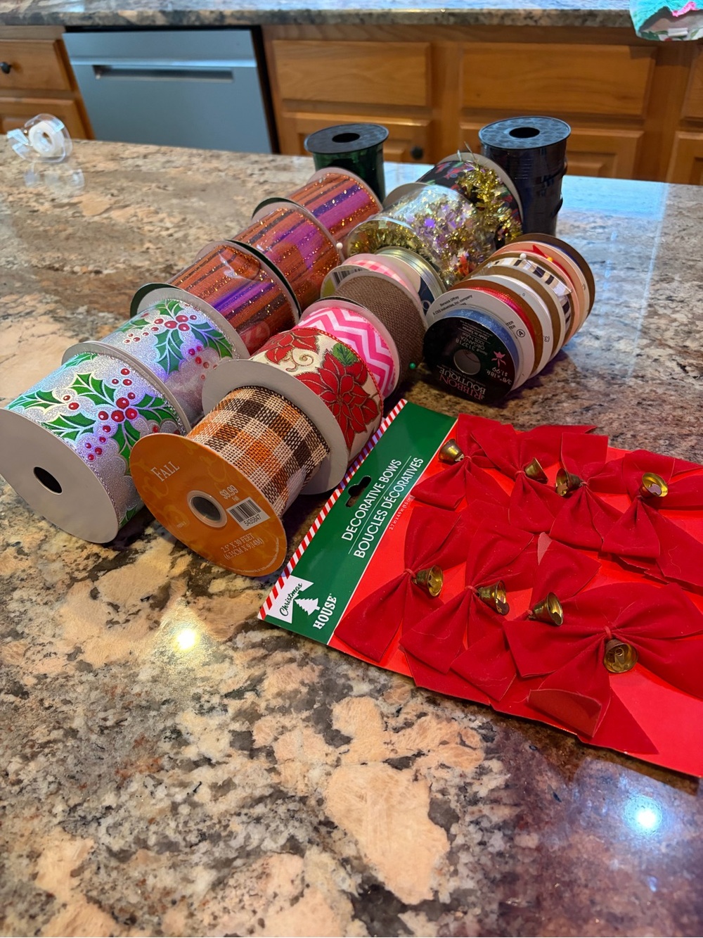 Holiday Ribbon and Bow Assortment - Red, Green, Gold, Pink, Brown